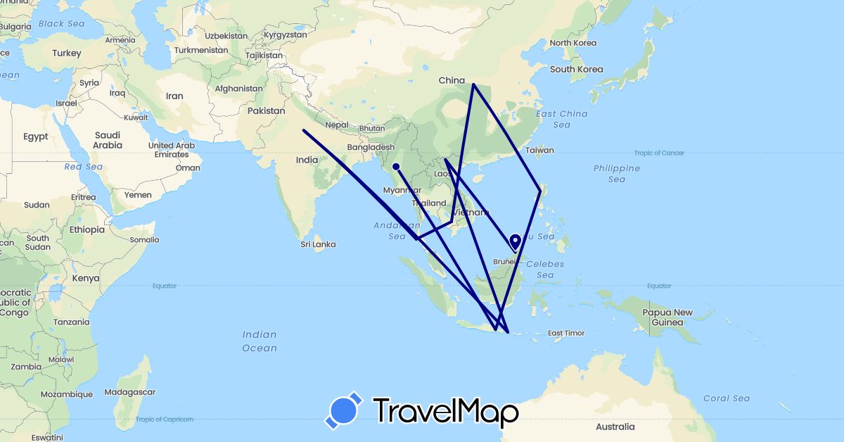 TravelMap itinerary: driving in China, Indonesia, India, Cambodia, Myanmar (Burma), Malaysia, Philippines, Thailand, Vietnam (Asia)